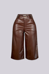 Faux leather high waist wide leg culotte pants with belt loops and front pockets