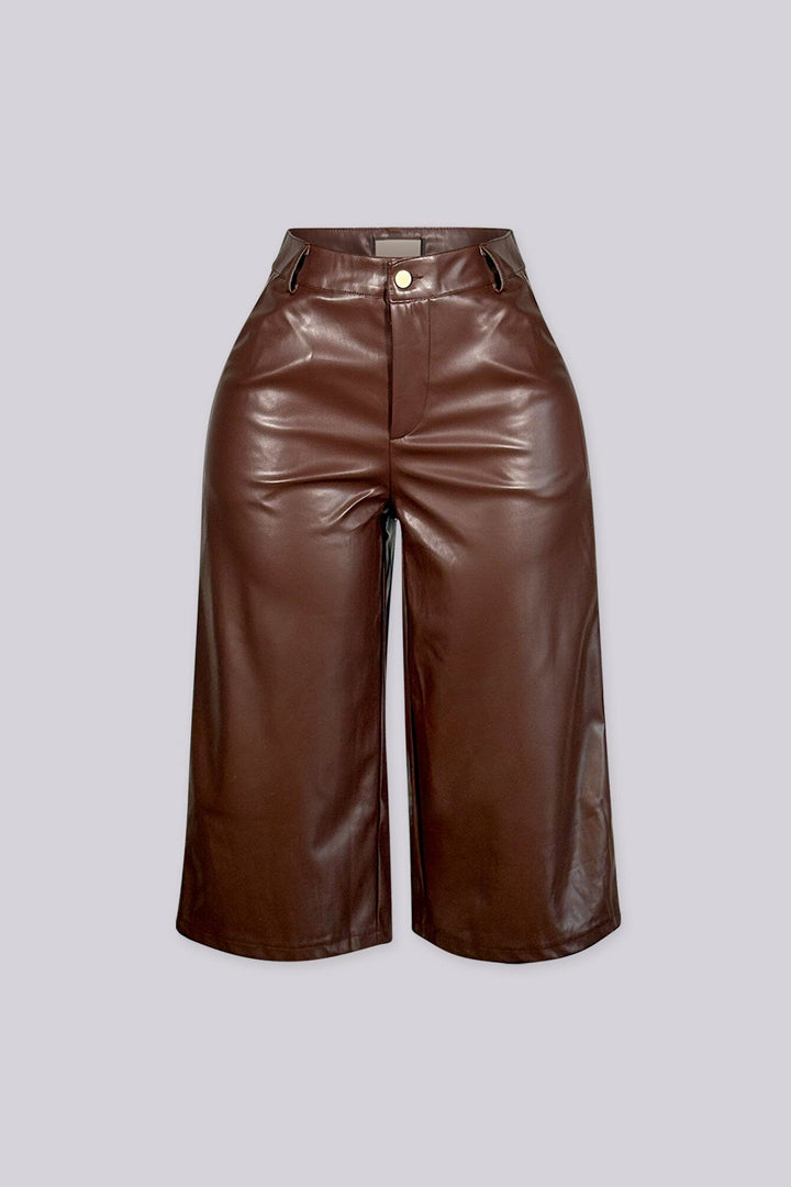 Faux leather high waist wide leg culotte pants with belt loops and front pockets