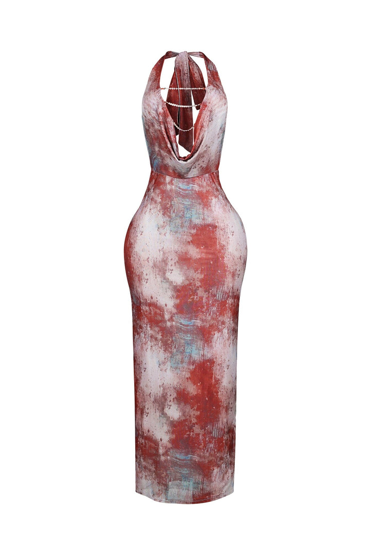 Mesh halter maxi dress with plunging cowl neckline featuring layered metallic chain details across the open plunge