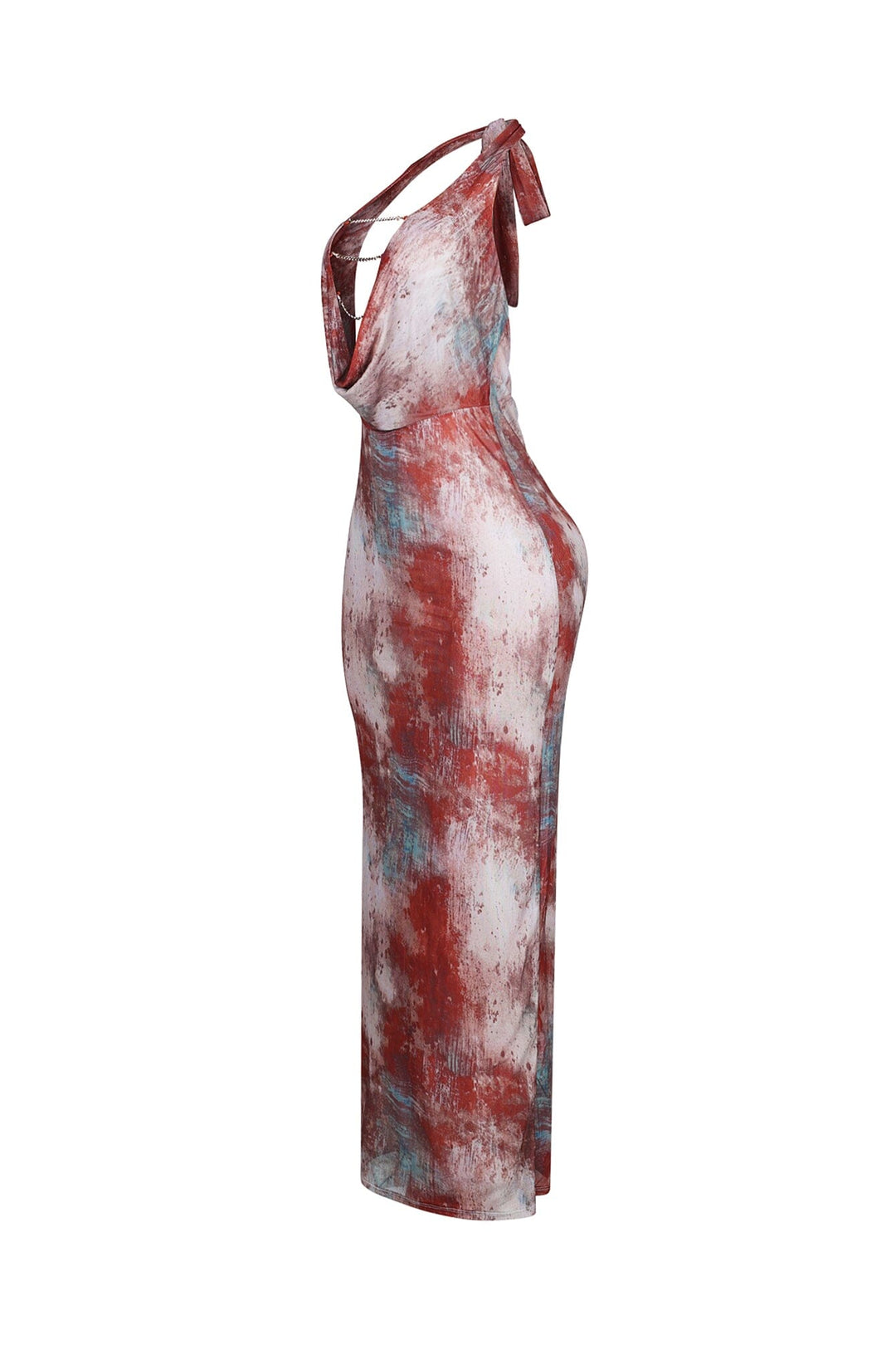 Mesh halter maxi dress with plunging cowl neckline featuring layered metallic chain details across the open plunge