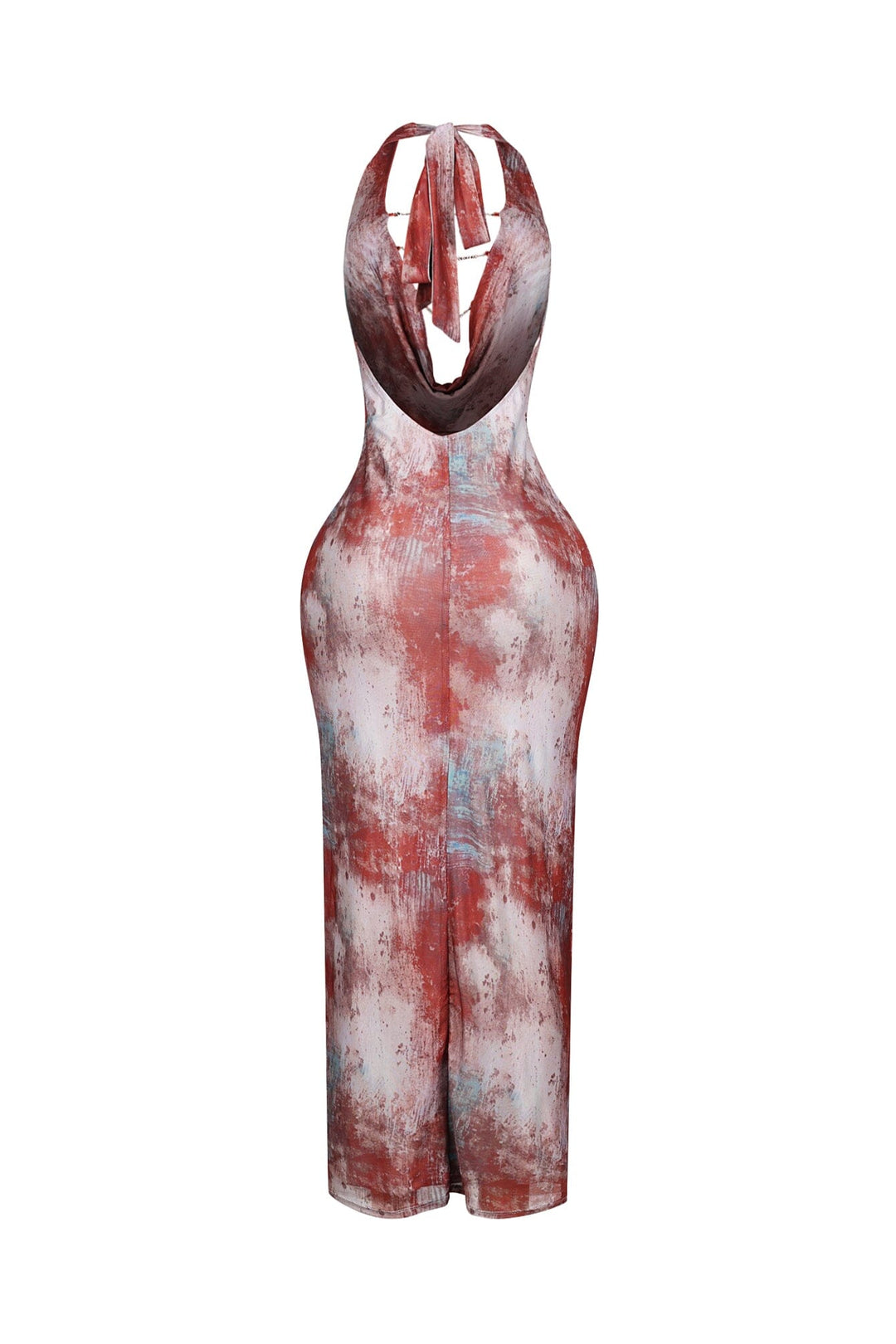 Mesh halter maxi dress with plunging cowl neckline featuring layered metallic chain details across the open plunge