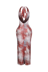 Mesh halter maxi dress with plunging cowl neckline featuring layered metallic chain details across the open plunge