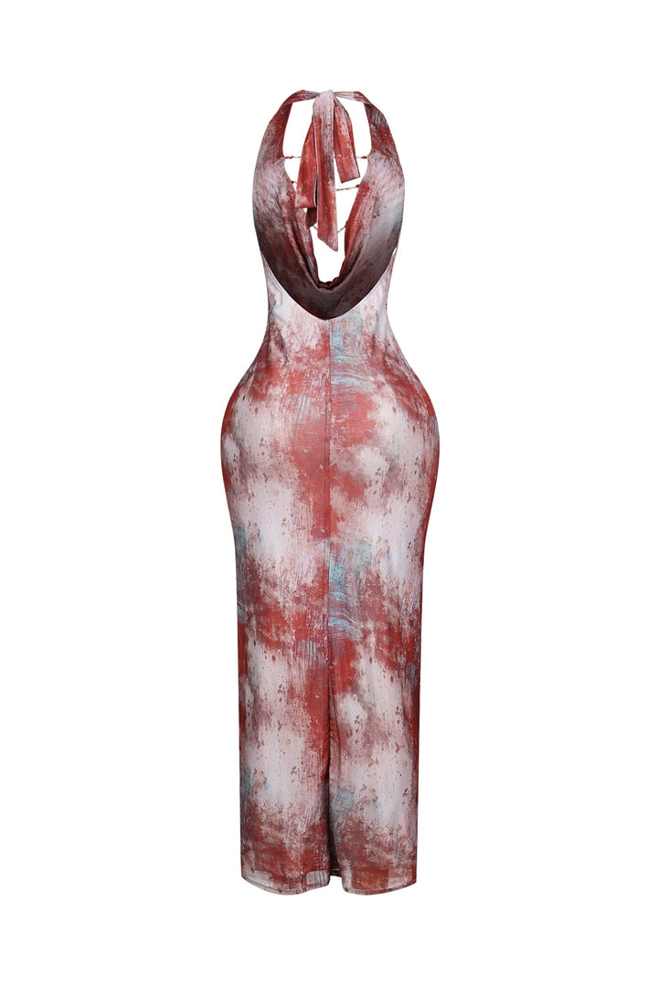 Mesh halter maxi dress with plunging cowl neckline featuring layered metallic chain details across the open plunge