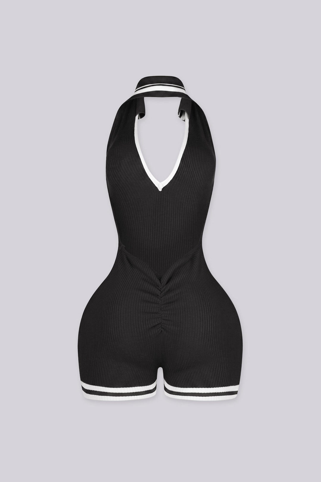 EDGEBYKS - Ribbed knit sleeveless collared romper featuring a plunging halter neckline, black back view