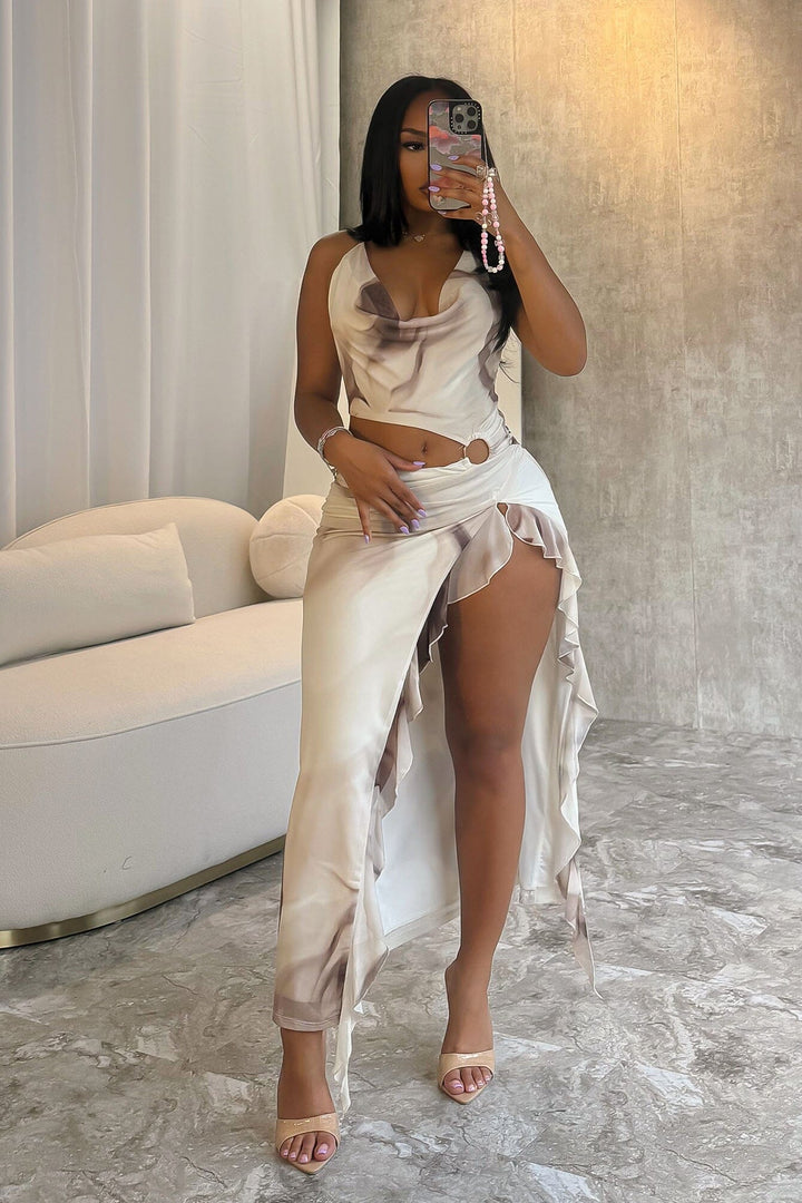 EDGE — cream and brown print mesh cowl neck ruffled dress, front view on model