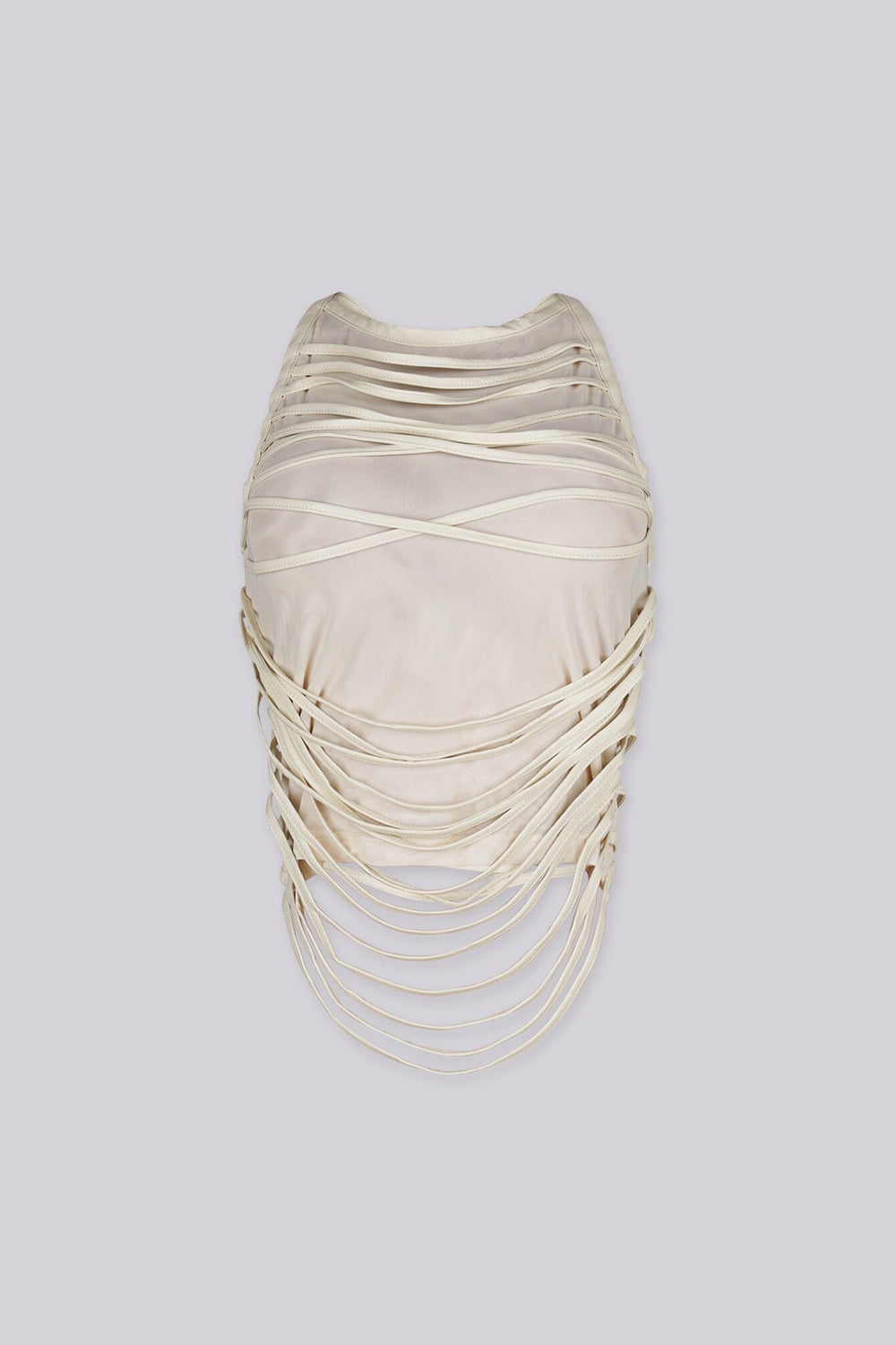 EDGE — cream mesh faux leather wrap top, front view on model