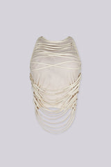 EDGE — cream mesh faux leather wrap top, front view on model