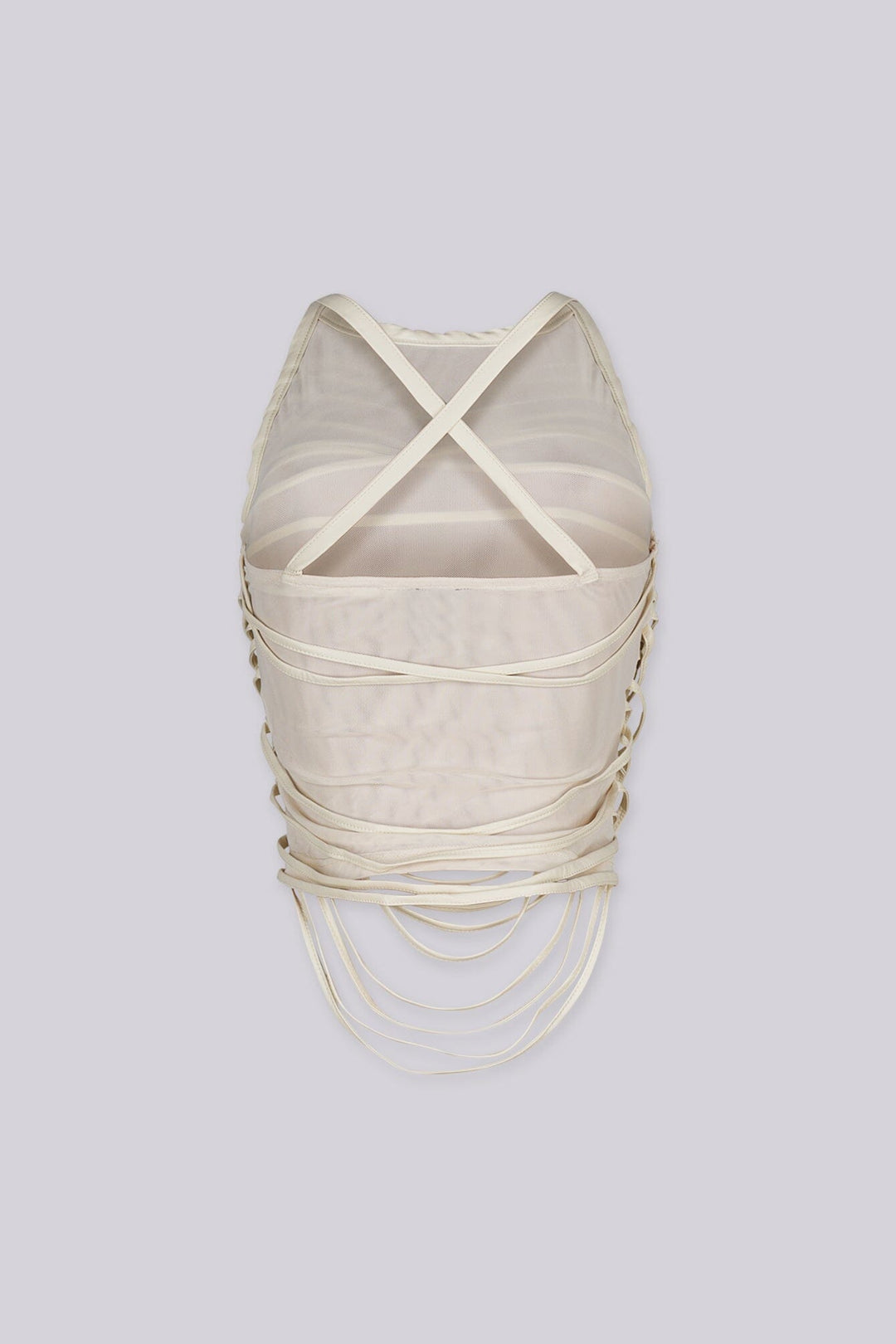EDGE — cream mesh faux leather wrap top, back view on model