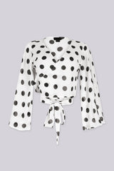 Chiffon polka dot print kimono style crop top with self tie at waist, front view