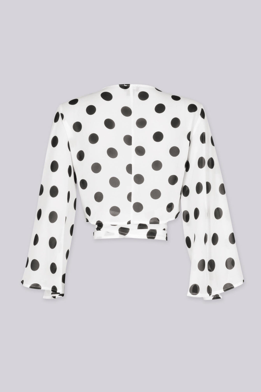 Chiffon polka dot print kimono style crop top with self tie at waist, back view