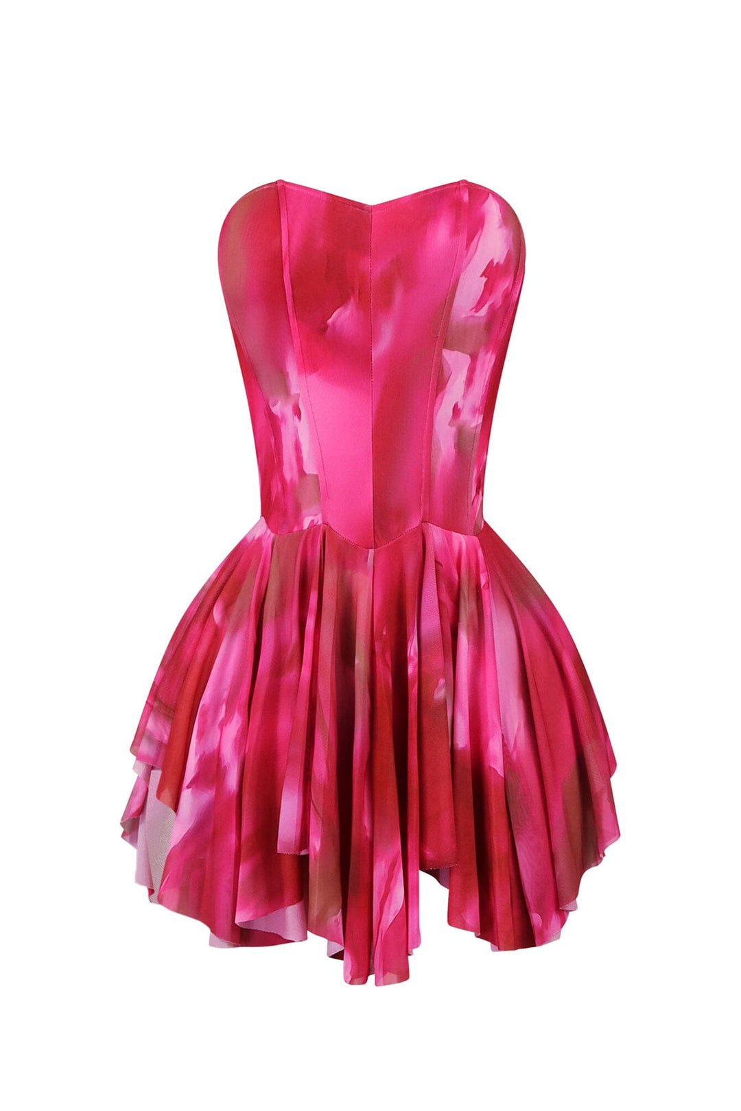 Print mesh corset mini dress with sweetheart neckline featuring vertical seam paneling
Flared mini skirt with layered draping featuring handkerchief hem detail