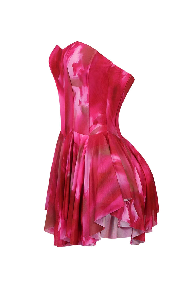 Print mesh corset mini dress with sweetheart neckline featuring vertical seam paneling
Flared mini skirt with layered draping featuring handkerchief hem detail