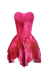 Print mesh corset mini dress with sweetheart neckline featuring vertical seam paneling
Flared mini skirt with layered draping featuring handkerchief hem detail