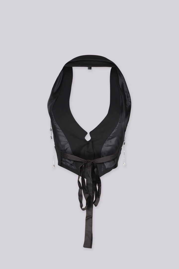 Halter vest top featuring cascading rhinestone and teardrop crystal embellishments