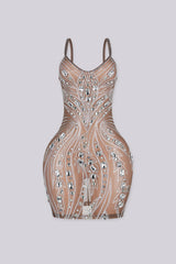 Meshed V neckline mini dress with all-over crystal rhinestone and diamond embellishment