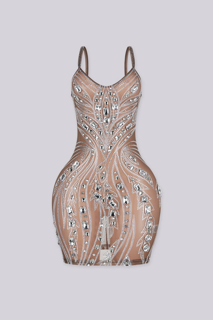 Meshed V neckline mini dress with all-over crystal rhinestone and diamond embellishment