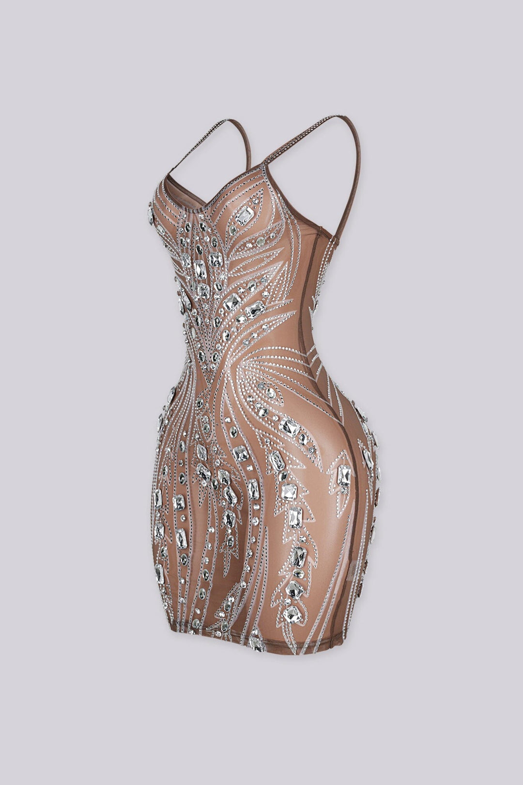Meshed V neckline mini dress with all-over crystal rhinestone and diamond embellishment