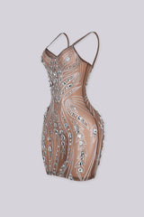 Meshed V neckline mini dress with all-over crystal rhinestone and diamond embellishment