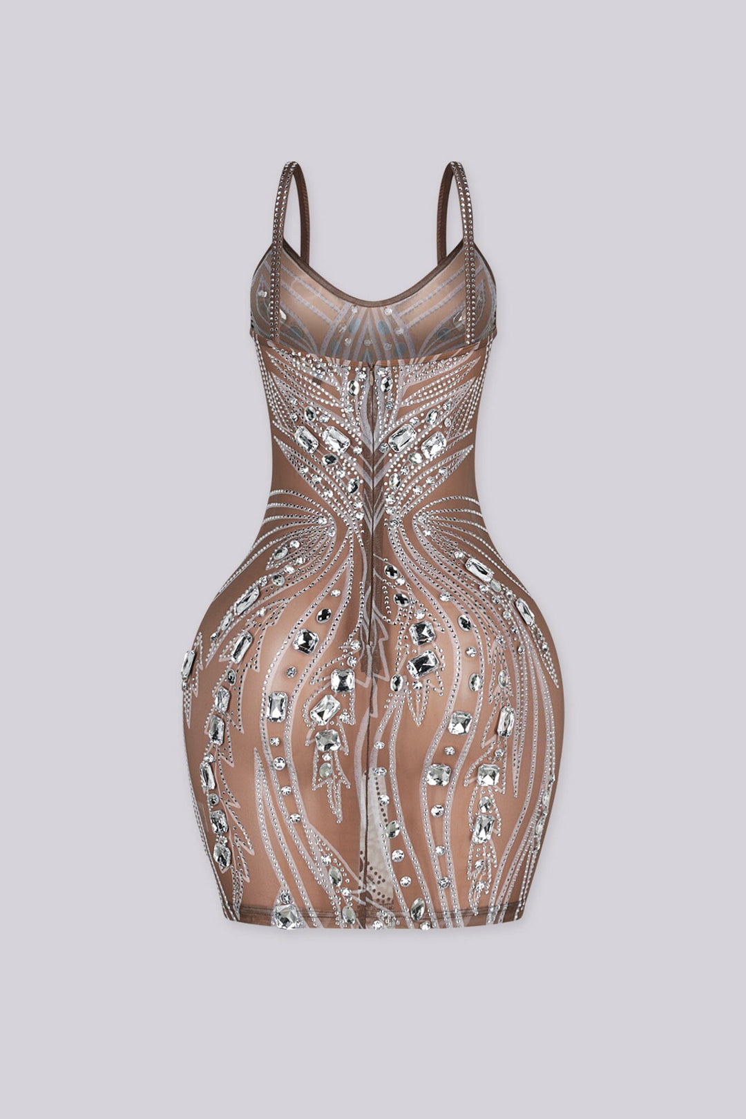 Meshed V neckline mini dress with all-over crystal rhinestone and diamond embellishment