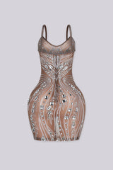 Meshed V neckline mini dress with all-over crystal rhinestone and diamond embellishment