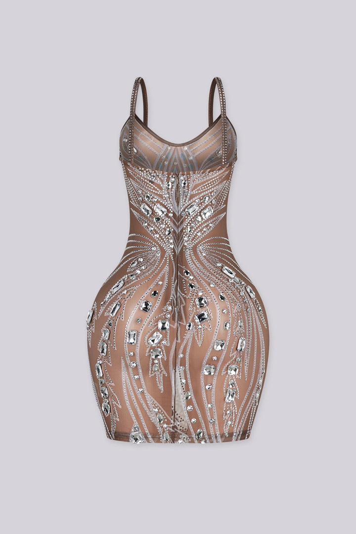 Meshed V neckline mini dress with all-over crystal rhinestone and diamond embellishment