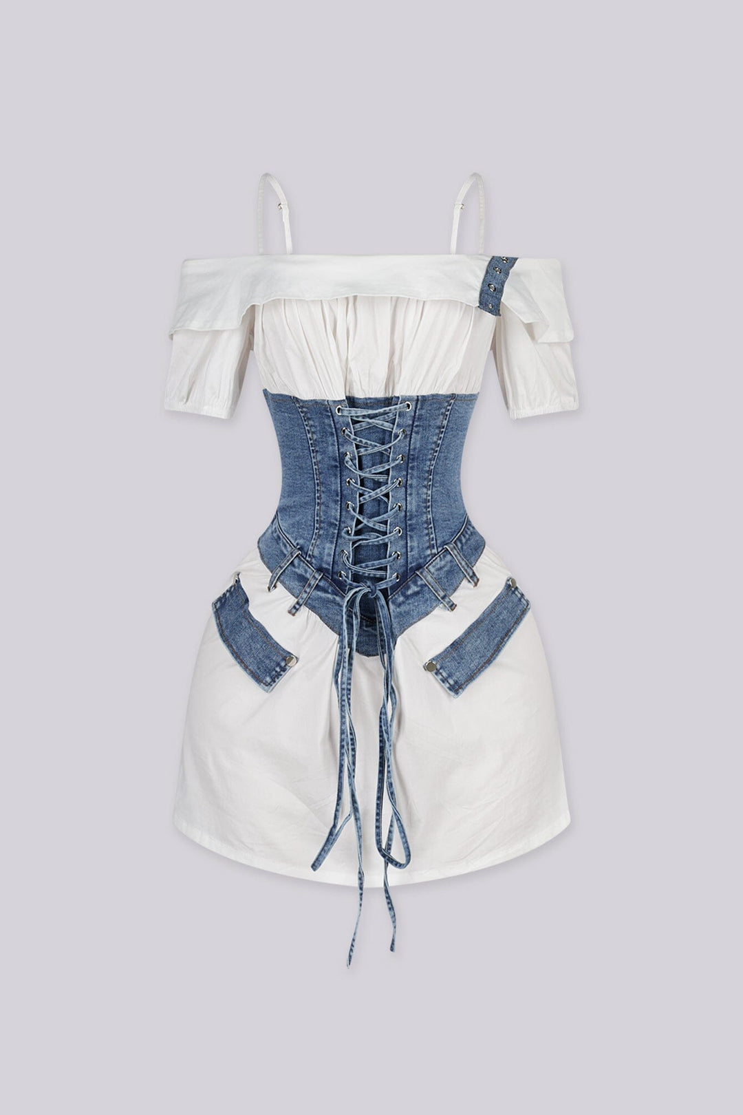 Off shoulder neckline poplin mini dress with gathered puff sleevee