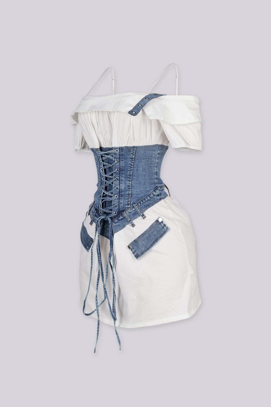 Off shoulder neckline poplin mini dress with gathered puff sleevee