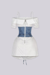 Off shoulder neckline poplin mini dress with gathered puff sleevee