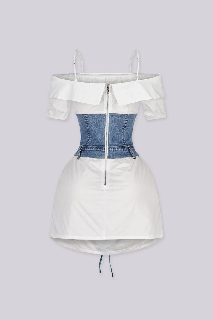 Off shoulder neckline poplin mini dress with gathered puff sleevee