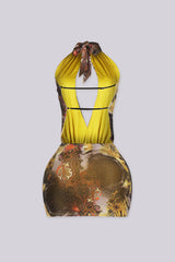 Mesh halter mini dress with scattered rhinestone detailing throughout