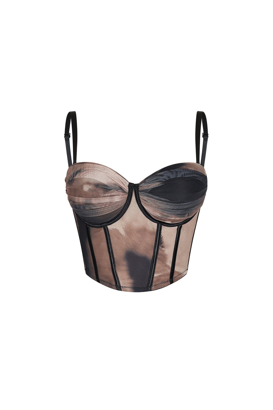 Mesh print corset top with adjustable straps featuring a padded bustier and flattering boning detail