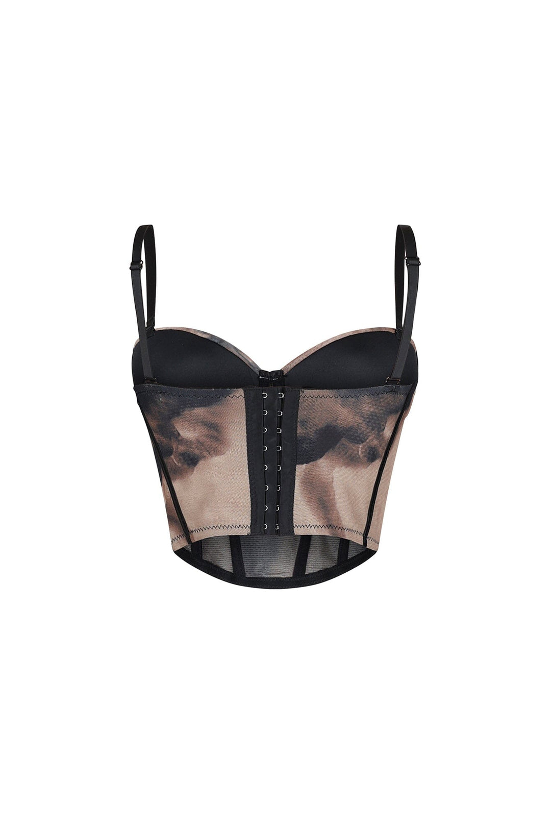 Mesh print corset top with adjustable straps featuring a padded bustier and flattering boning detail