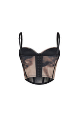 Mesh print corset top with adjustable straps featuring a padded bustier and flattering boning detail