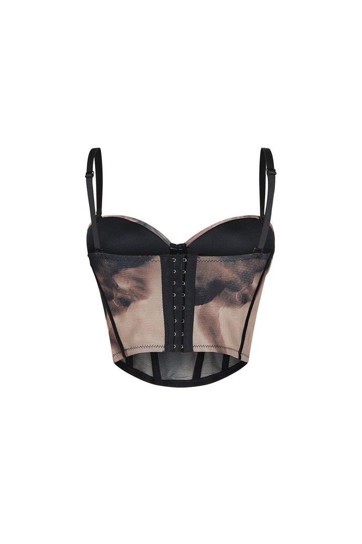 Mesh print corset top with adjustable straps featuring a padded bustier and flattering boning detail