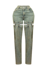 High rise wide leg washed denim pants featuring bold skin cutout detailing