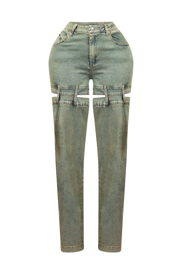 High rise wide leg washed denim pants featuring bold skin cutout detailing