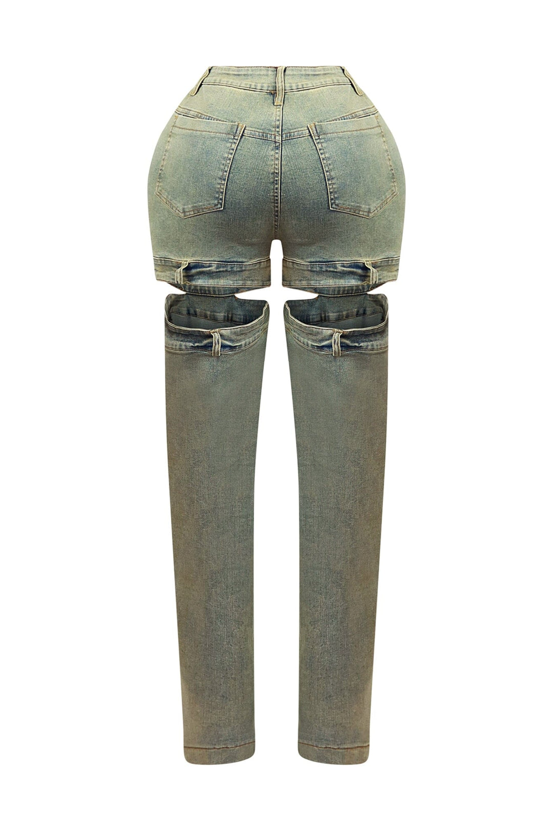 High rise wide leg washed denim pants featuring bold skin cutout detailing