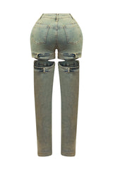 High rise wide leg washed denim pants featuring bold skin cutout detailing