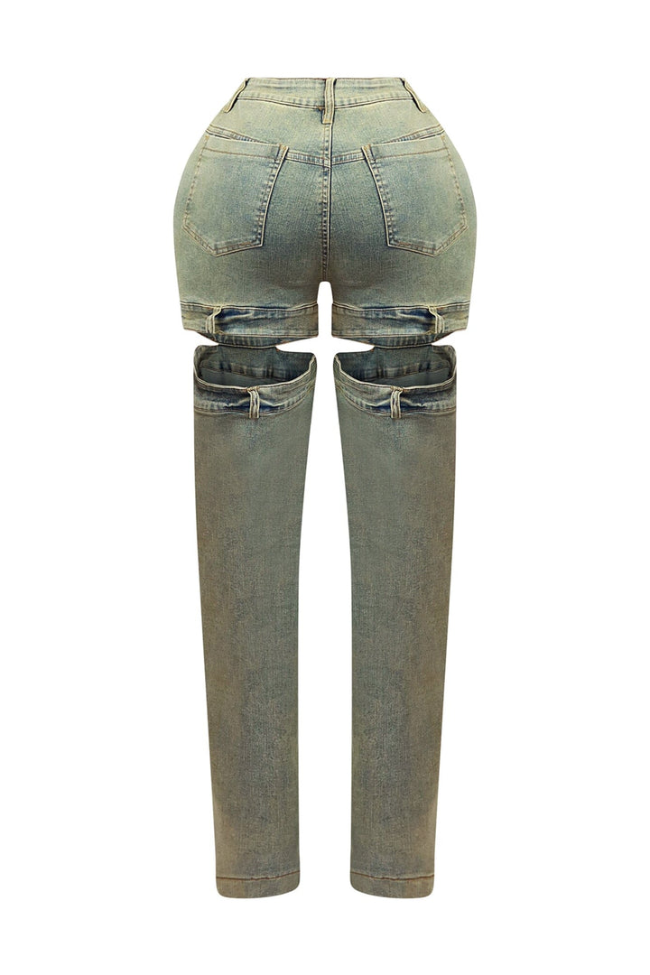 High rise wide leg washed denim pants featuring bold skin cutout detailing