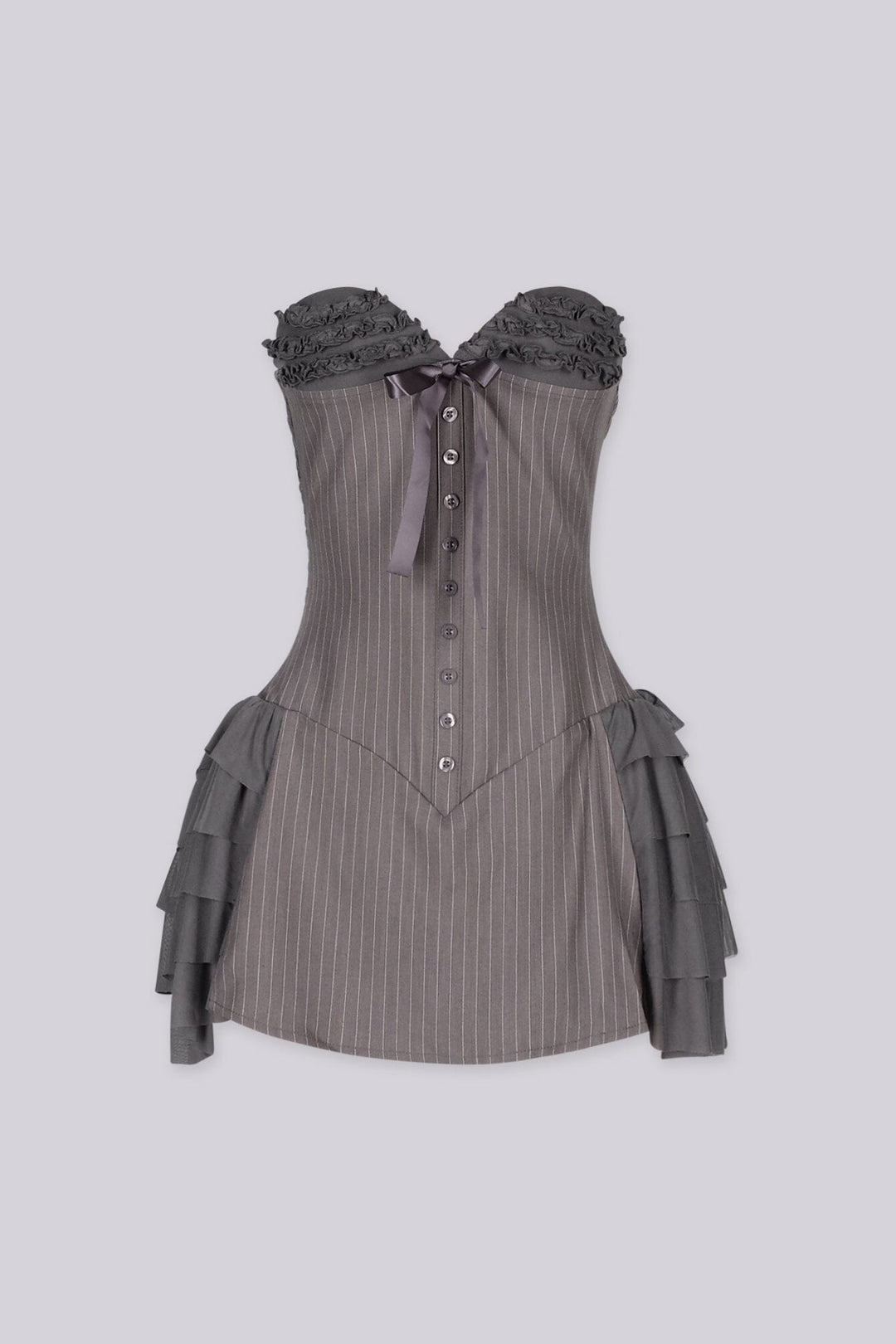 Strapless mini dress featuring a corset inspired bodice with a sweetheart neckline, Ruffle trim along the bust 