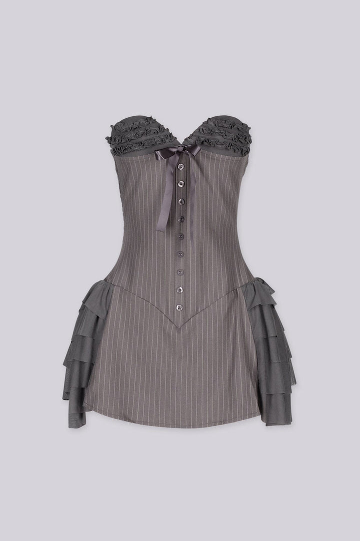 Strapless mini dress featuring a corset inspired bodice with a sweetheart neckline, Ruffle trim along the bust 