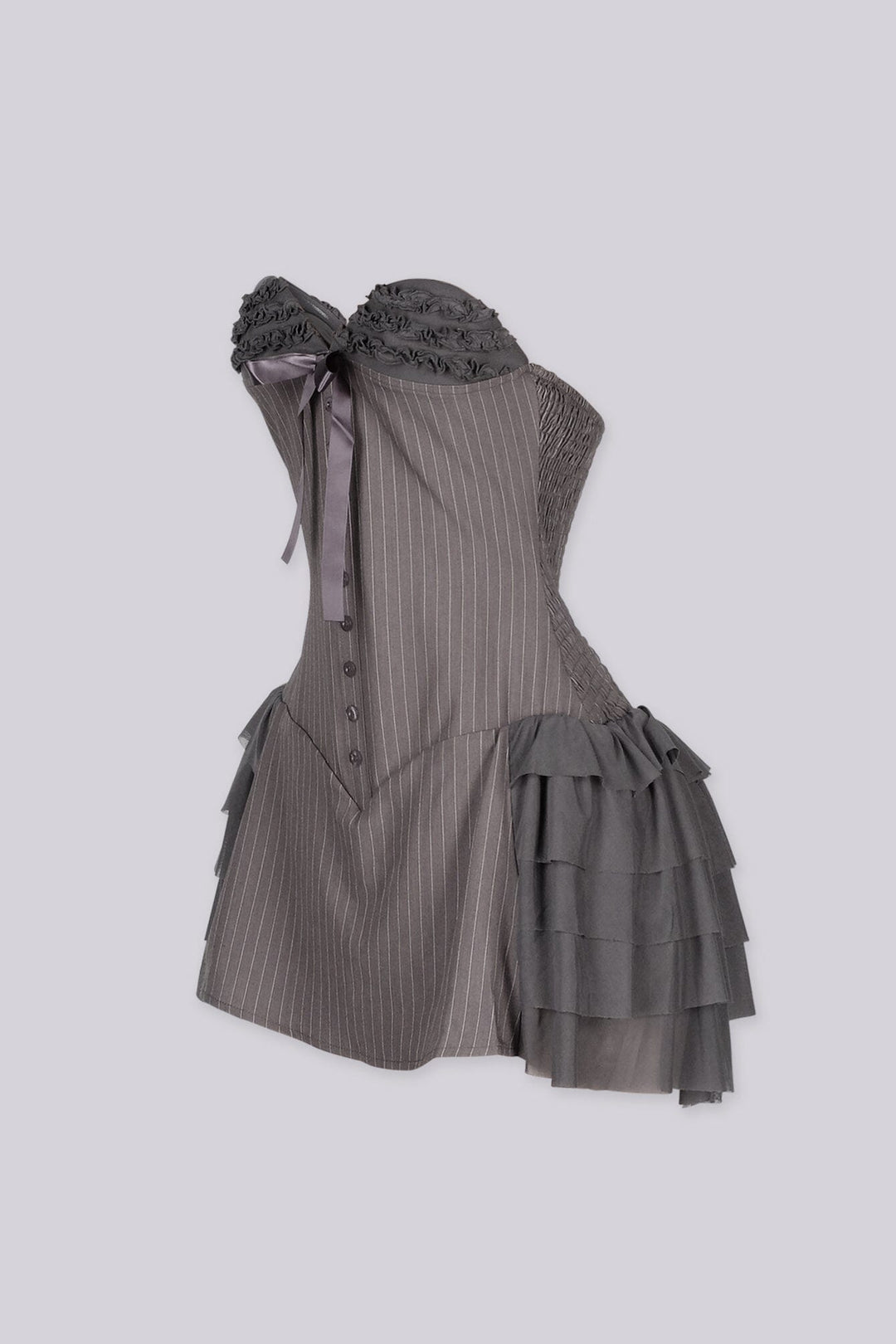 Strapless mini dress featuring a corset inspired bodice with a sweetheart neckline, Ruffle trim along the bust 