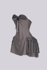 Strapless mini dress featuring a corset inspired bodice with a sweetheart neckline, Ruffle trim along the bust 