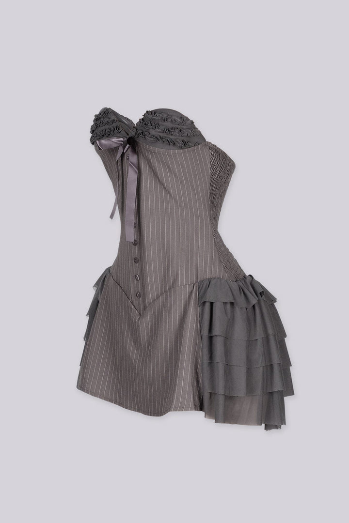 Strapless mini dress featuring a corset inspired bodice with a sweetheart neckline, Ruffle trim along the bust 