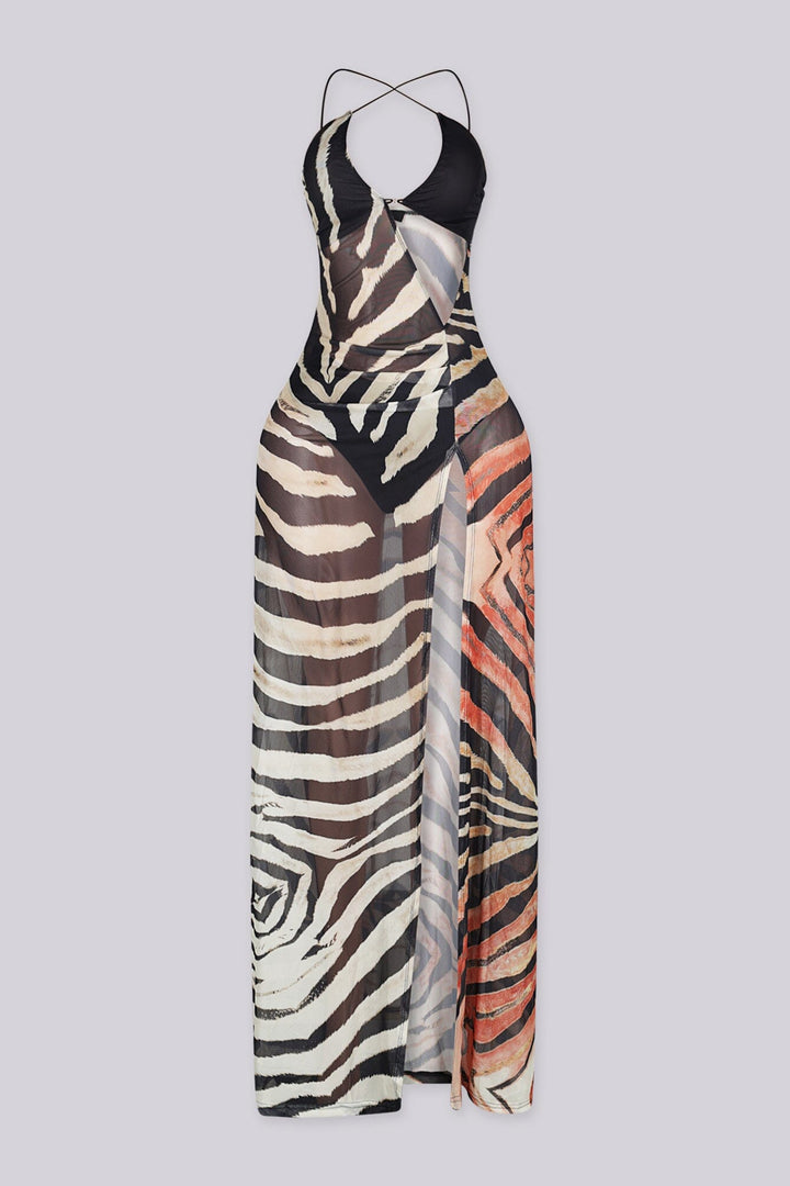 EDGEBYKS - Sheer maxi dress with plunging V front, Cutout detail at waist featuring high side, Comes with matching underwear, front view