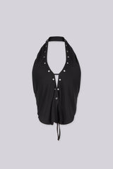 Structured halter top with centre front silver eyelet detailings, Back tie closure