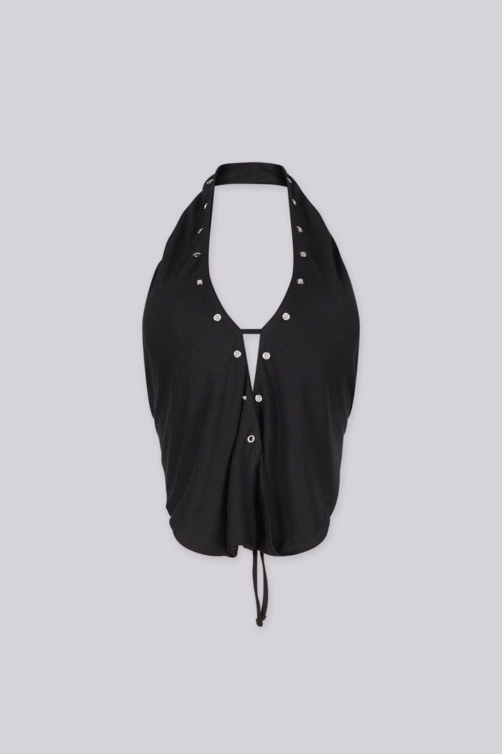 Structured halter top with centre front silver eyelet detailings, Back tie closure