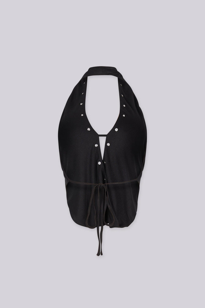 Structured halter top with centre front silver eyelet detailings, Back tie closure