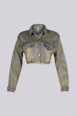 Long sleeve cropped denim jacket covered in allover rhinestone embellishment
