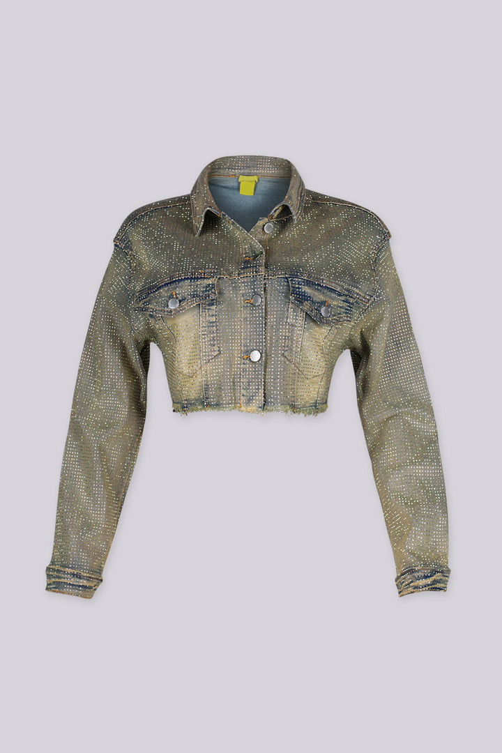 Long sleeve cropped denim jacket covered in allover rhinestone embellishment